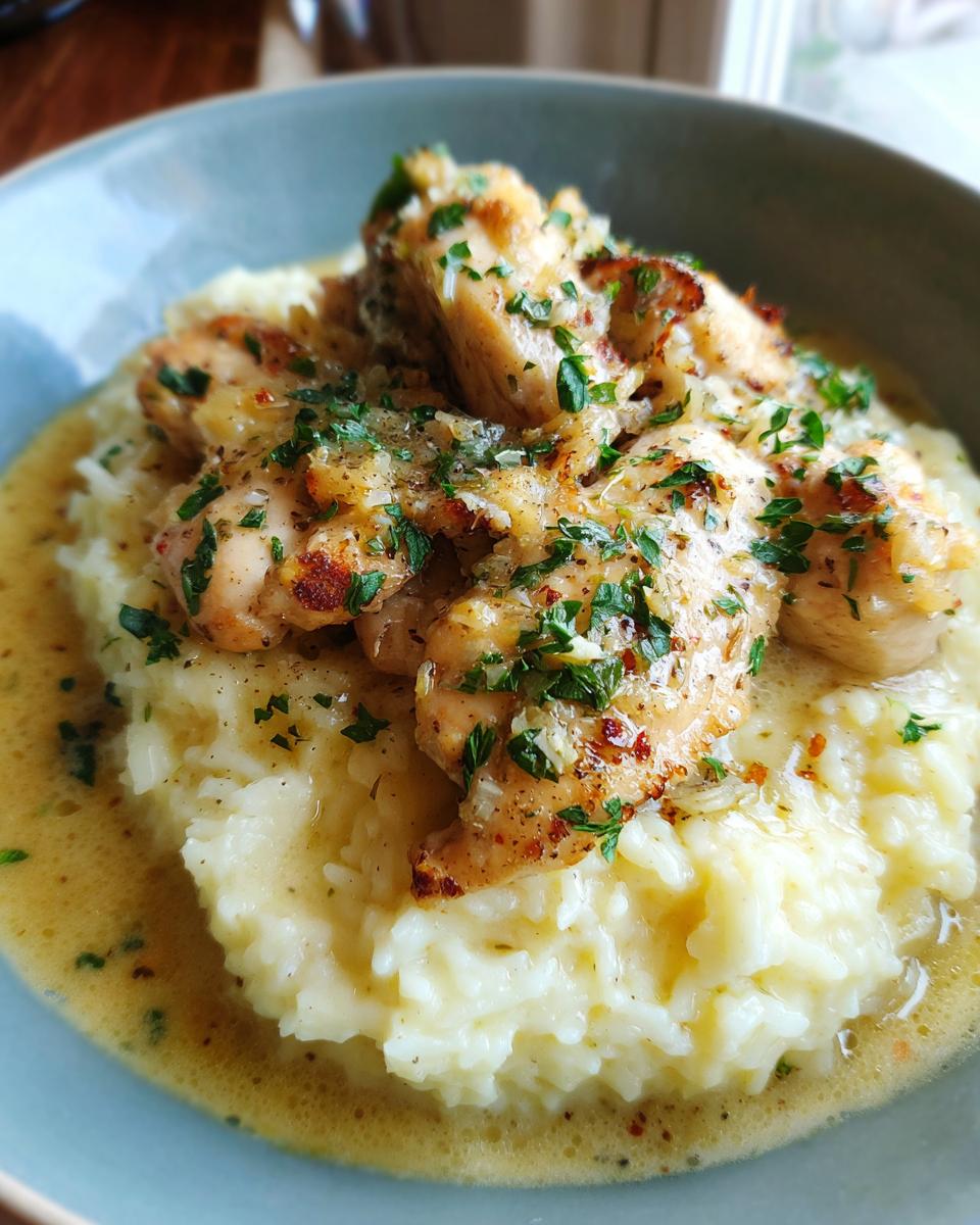 Close-up of tender chicken scampi pieces served over creamy garlic parmesan rice, topped with parsley.
