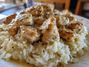 Close-up of golden brown chicken pieces covered in scampi sauce served over creamy garlic parmesan rice.