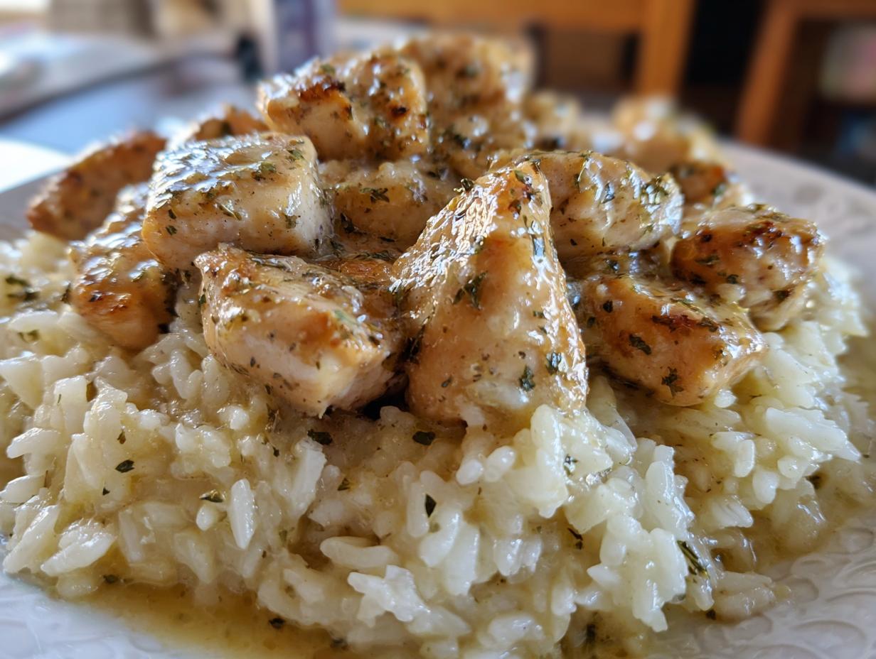 Close-up of golden brown chicken pieces covered in scampi sauce served over creamy garlic parmesan rice.