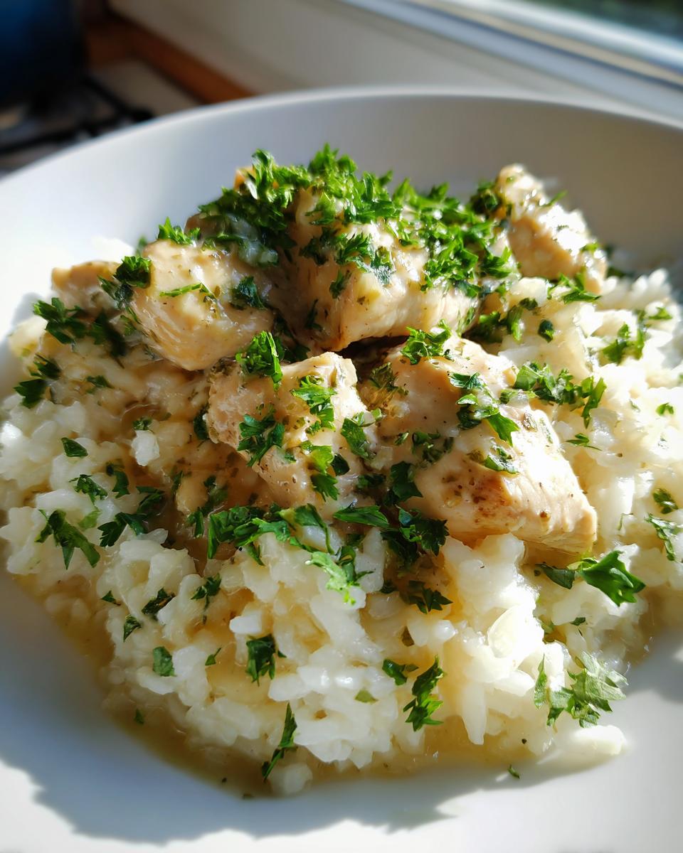 Close-up of chicken scampi with garlic parmesan rice, topped generously with fresh parsley.