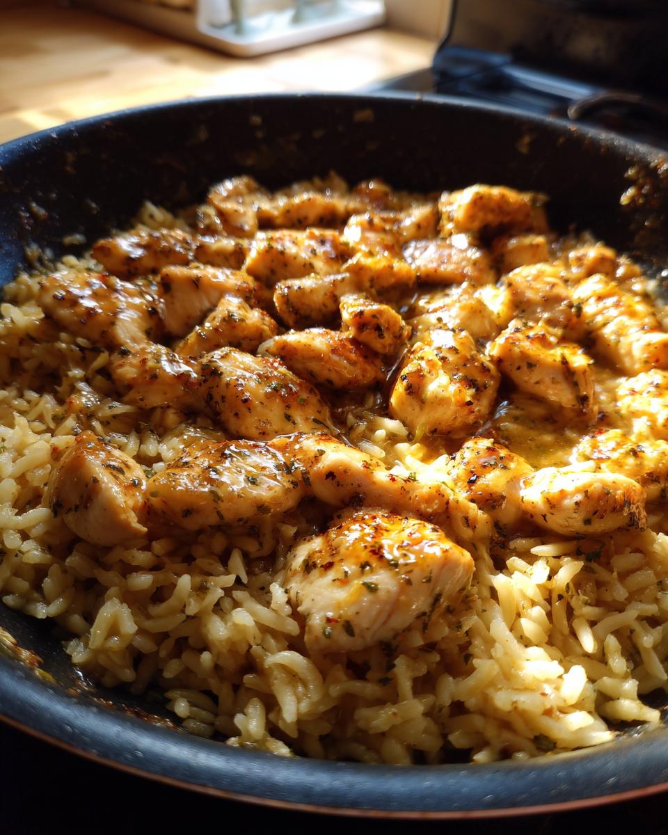 Close-up of seasoned chicken pieces served over garlic parmesan rice in a dark skillet.