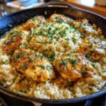 Pan-seared chicken scampi served over a bed of garlic parmesan rice, garnished with fresh parsley.
