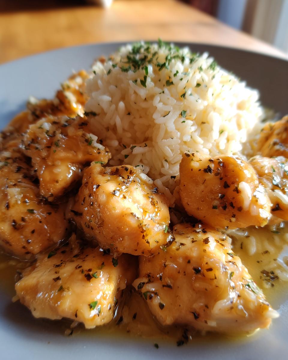 Close-up of tender chicken scampi pieces coated in sauce next to a mound of garlic parmesan rice.