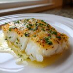 Close-up of a flaky, white fillet from a chilean sea bass recipe oven baked, glistening with butter and topped with parsley.