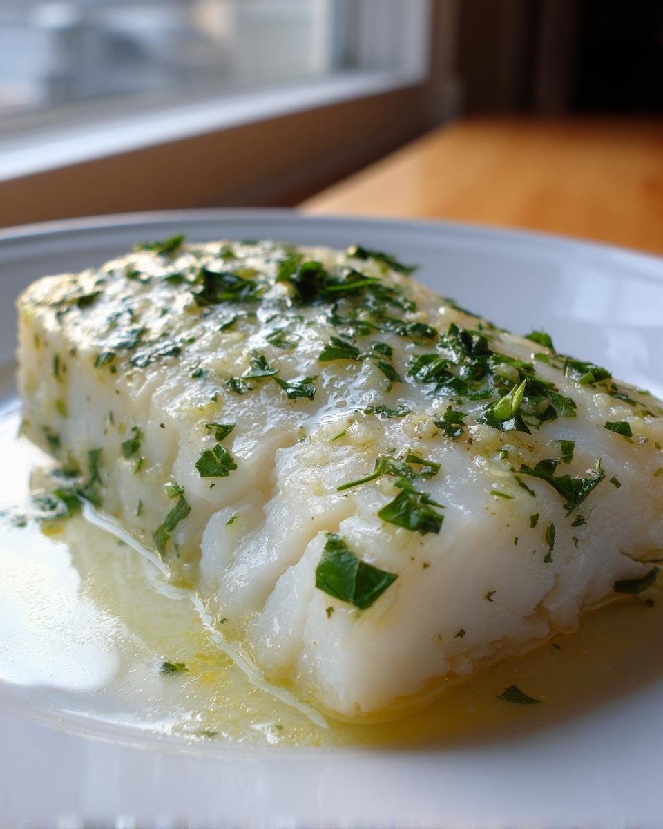 Close-up of a flaky, white fillet from a chilean sea bass recipe oven baked, topped with melted butter and fresh parsley.