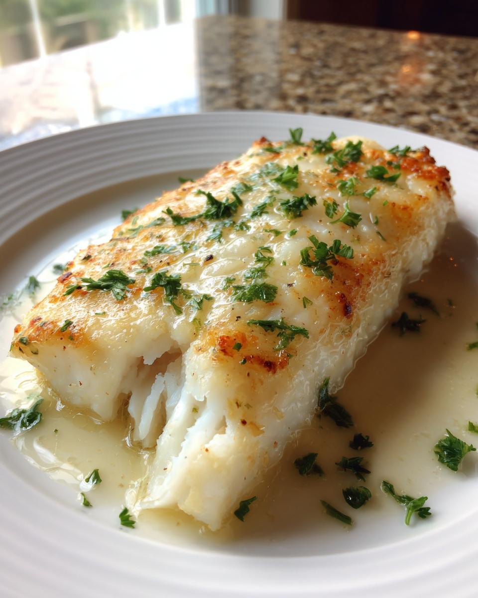 Close-up of a flaky, oven-baked chilean sea bass recipe fillet topped with browned butter sauce and fresh parsley.