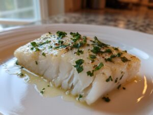 Close-up of a flaky, white portion of chilean sea bass recipe oven baked, topped with melted butter and fresh parsley.