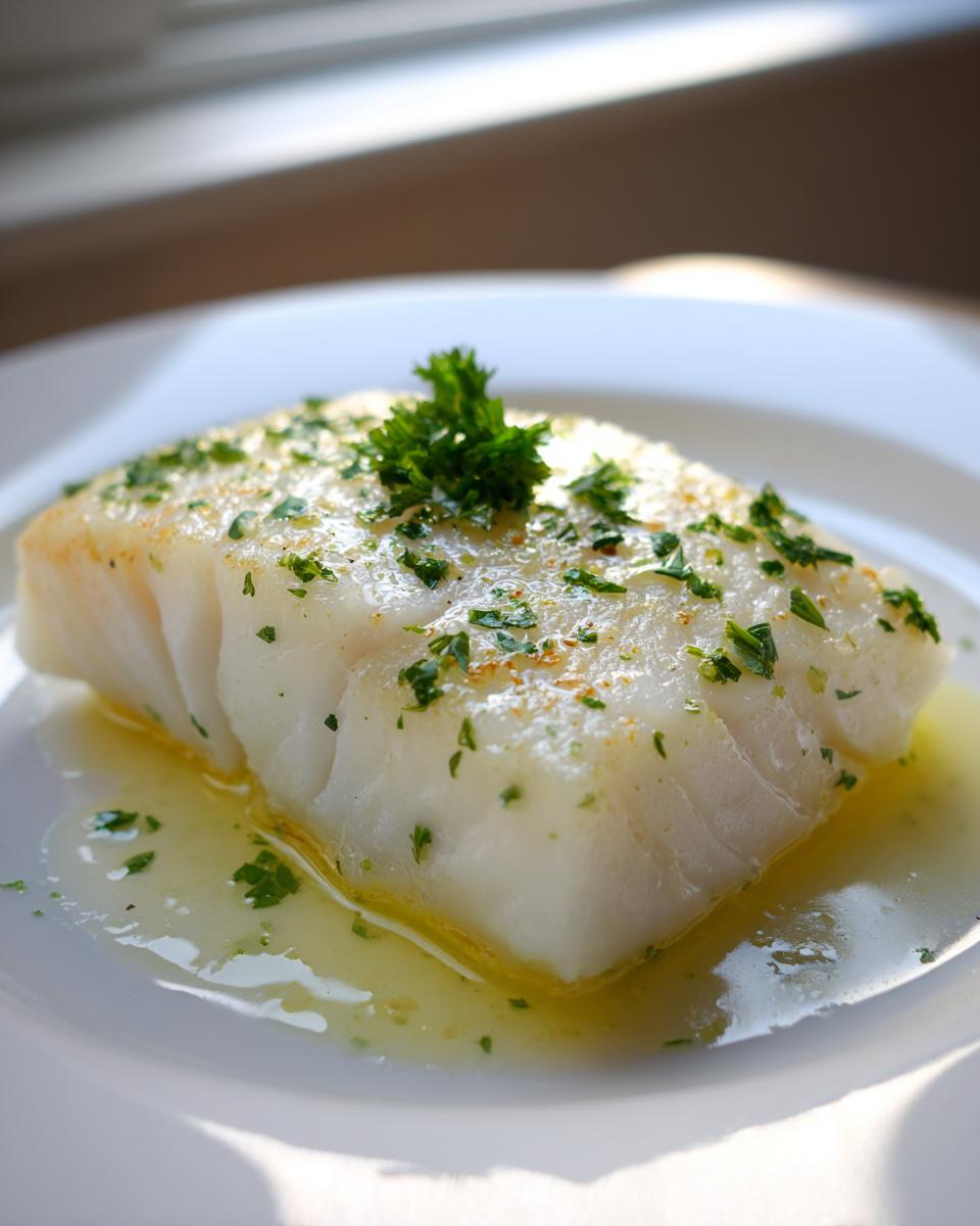 A flaky, white portion of chilean sea bass recipe oven baked, sitting in lemon butter sauce and topped with fresh parsley.