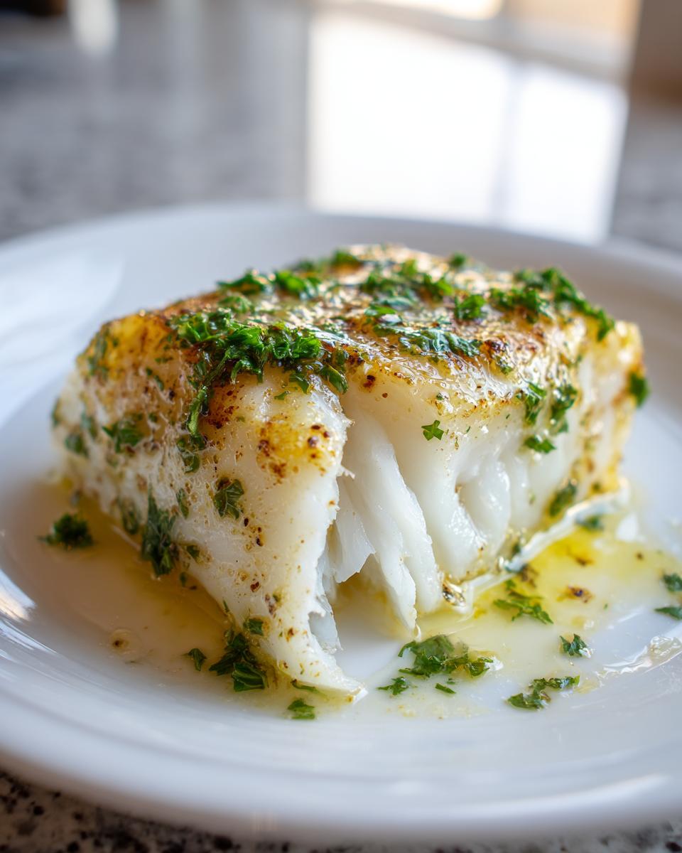 Close-up of a perfectly cooked, flaky portion of chilean sea bass recipe oven baked, topped with herbs.
