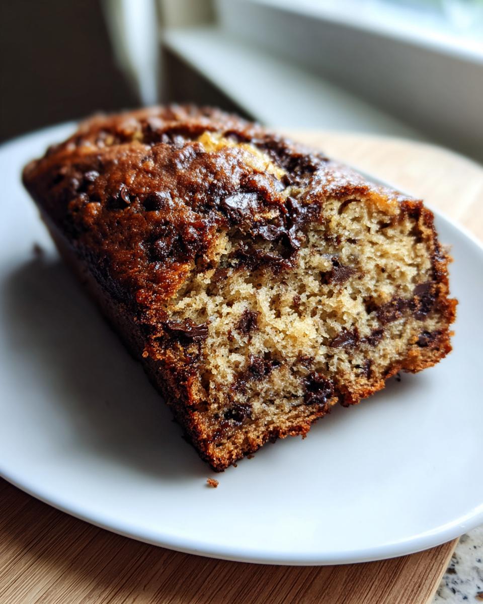 Close-up of a moist slice of chocolate chip banana bread showing melted chocolate chunks.