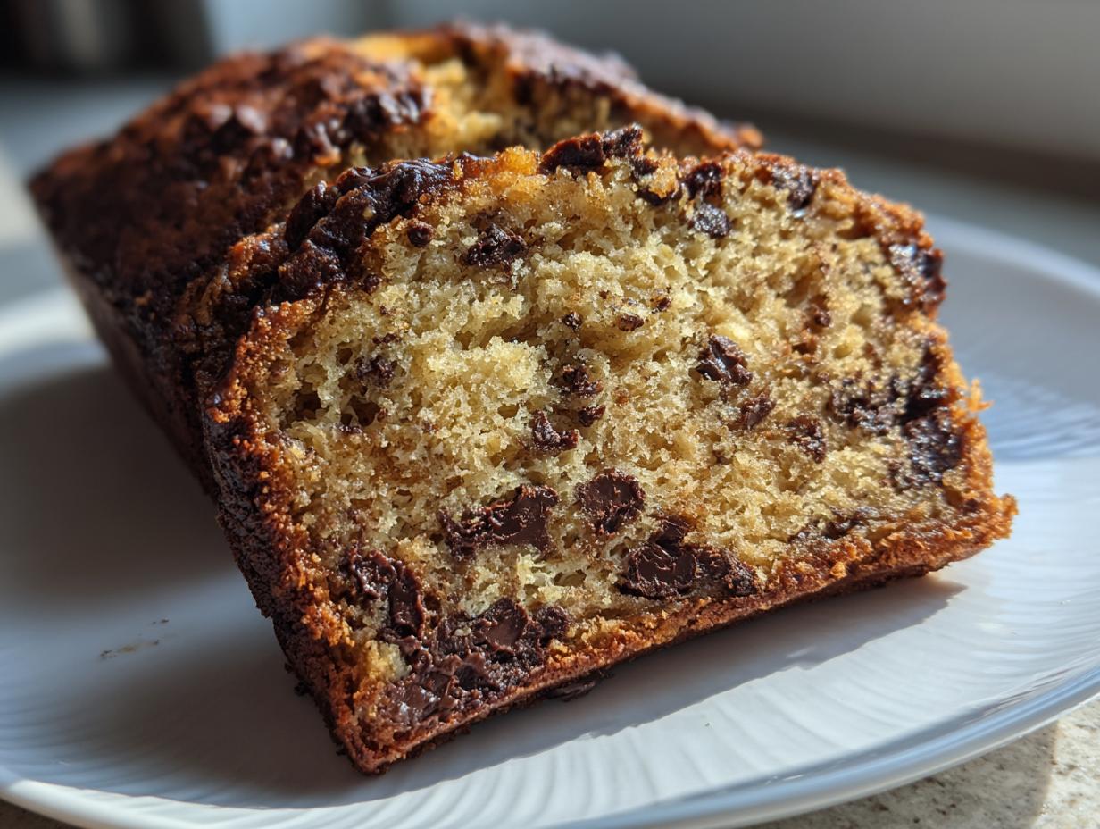 Close-up of a moist slice of chocolate chip banana bread showing rich texture and melted chocolate chunks.