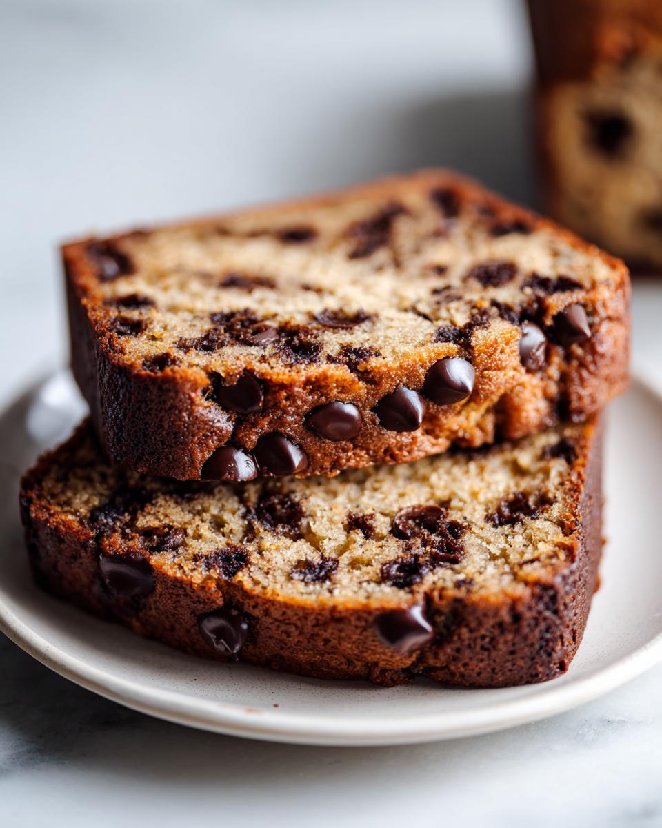 Close-up of two stacked slices of moist chocolate chip banana bread on a small white plate.