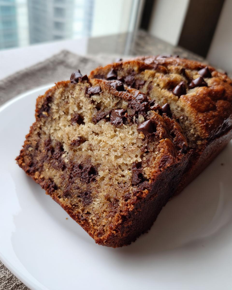 Two thick slices of moist chocolate chip banana bread displayed on a white plate.