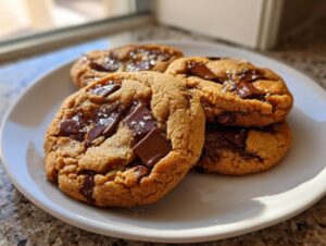 Four thick, chewy chocolate chip cookies topped with large chocolate chunks and flaky sea salt.