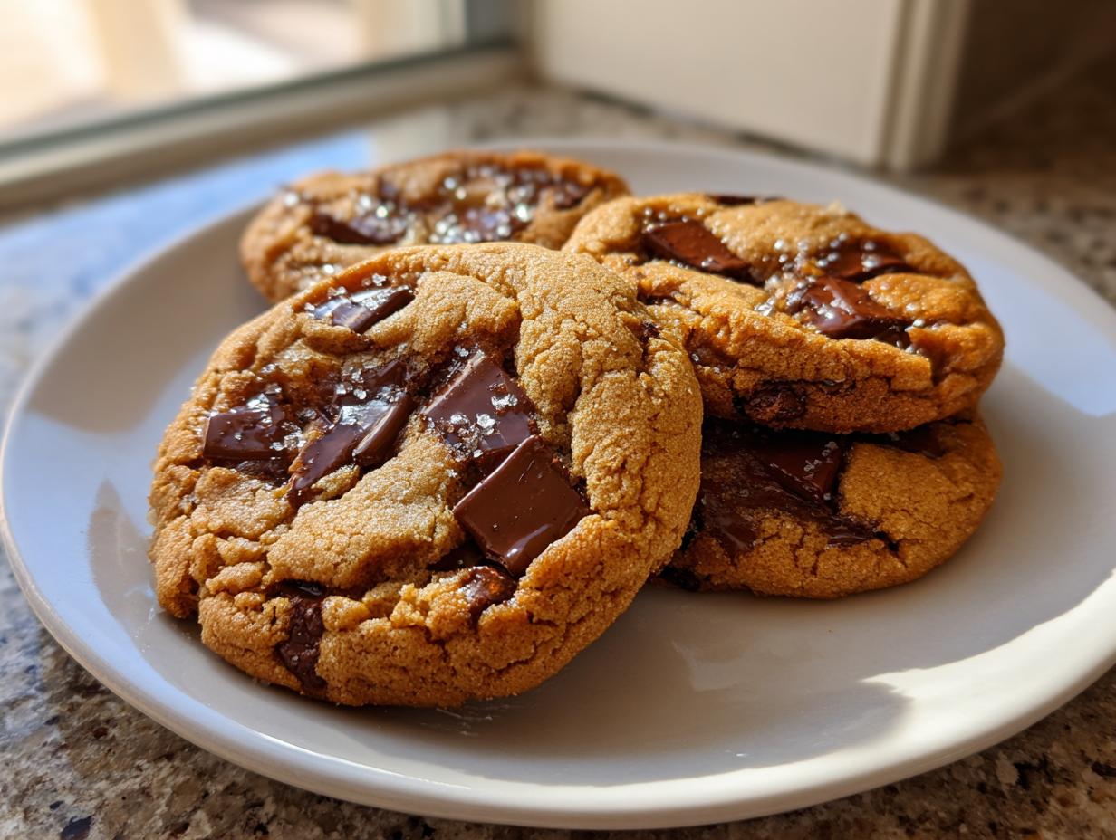 Four thick, chewy chocolate chip cookies topped with large chocolate chunks and flaky sea salt.