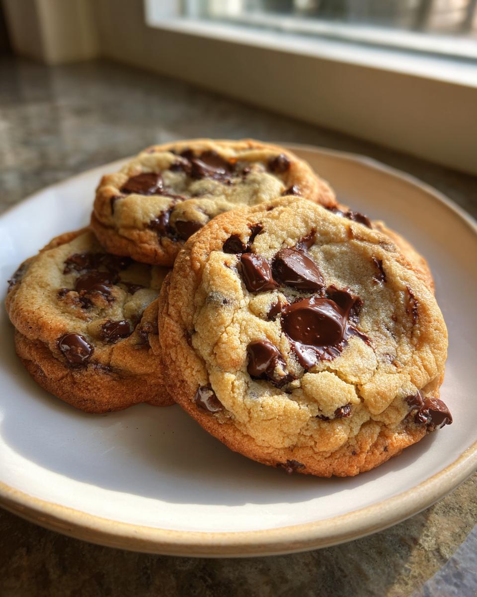 Three thick, soft chocolate chip cookies made with vanilla instant pudding stacked on a light plate.