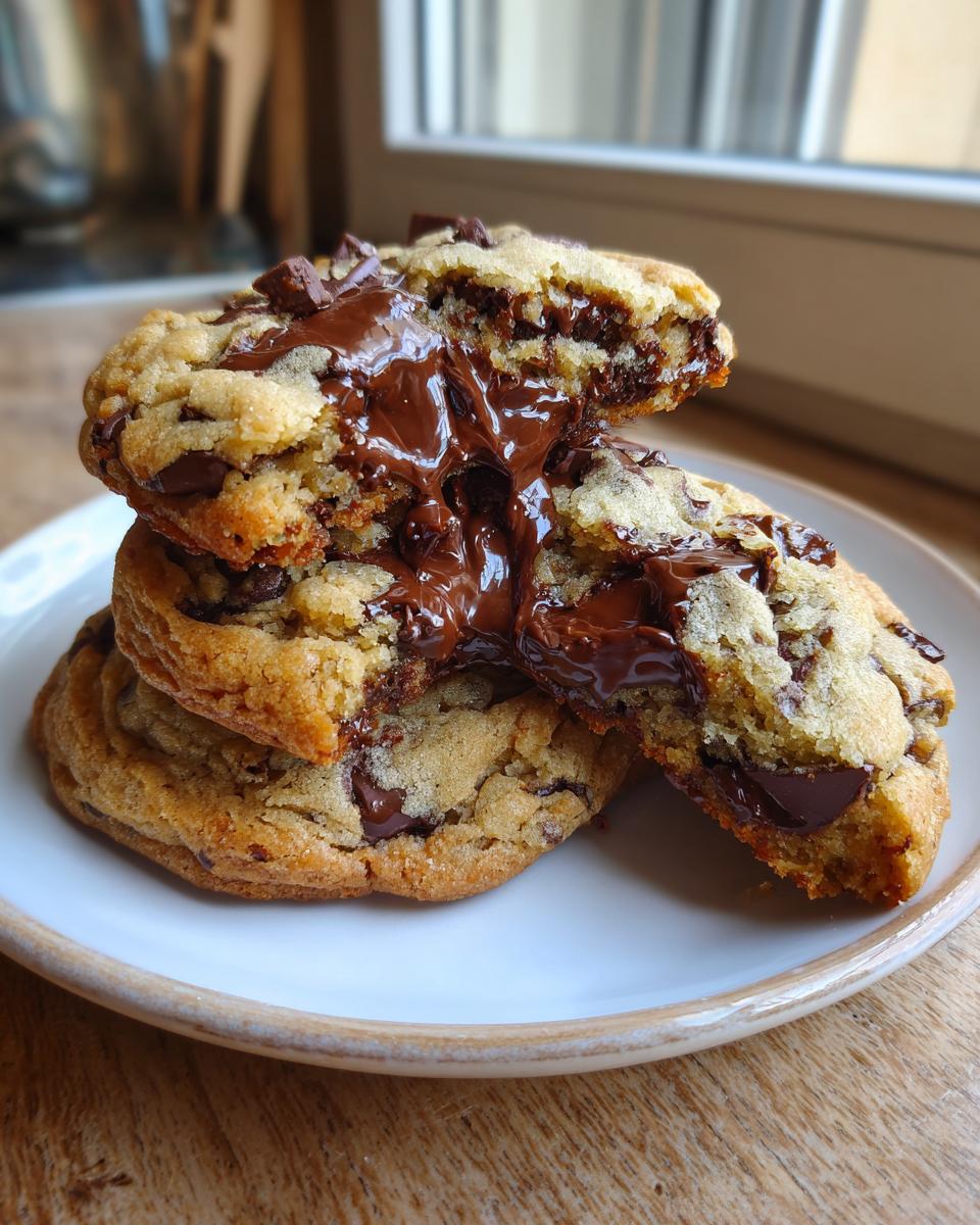 Close-up of chocolate chip cookies made with vanilla pudding stacked, showing a gooey, melted chocolate center.