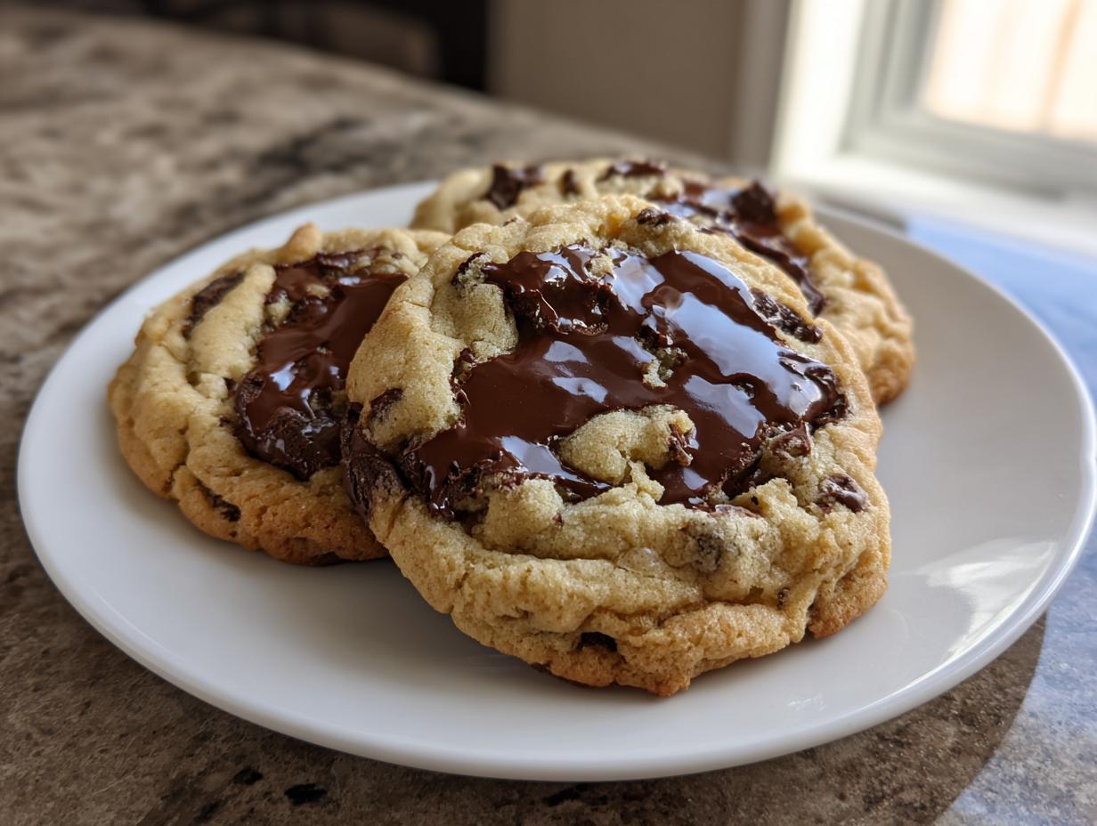 Three soft, thick chocolate chip cookies made with vanilla instant pudding, featuring glossy melted chocolate pools on a white plate.