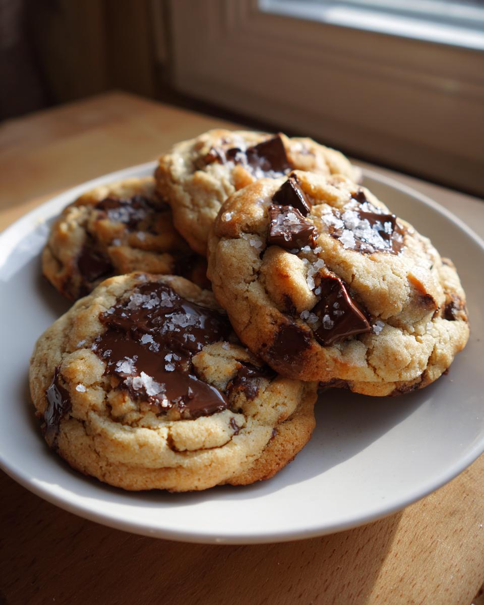 Four thick chocolate chip cookies made with vanilla pudding, topped with melted chocolate chunks and sea salt.