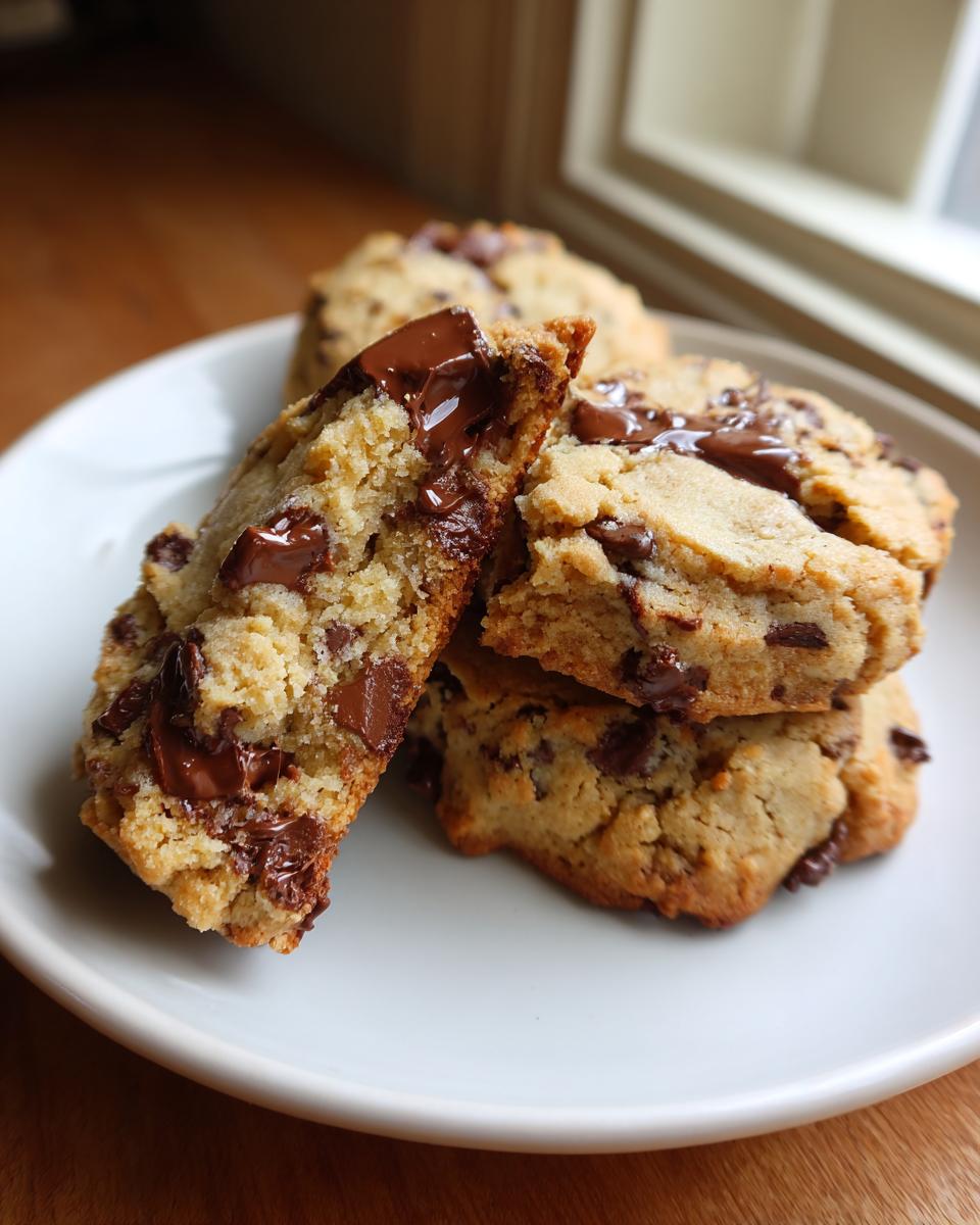 A stack of soft chocolate chip cookies made with vanilla pudding, one broken open to show melted chocolate.