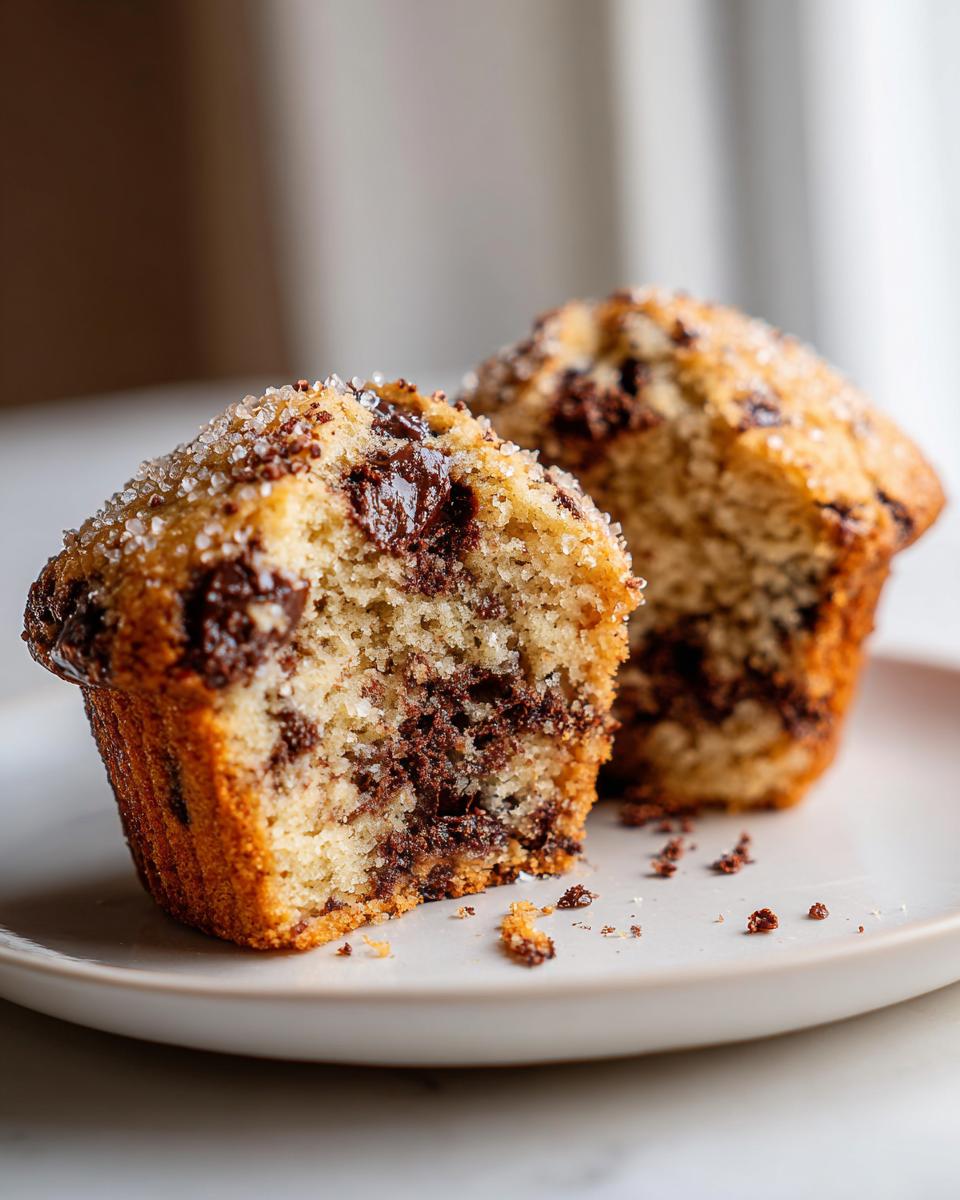 Close-up of a chocolate chip muffin cut in half showing moist interior and melted chocolate chips.