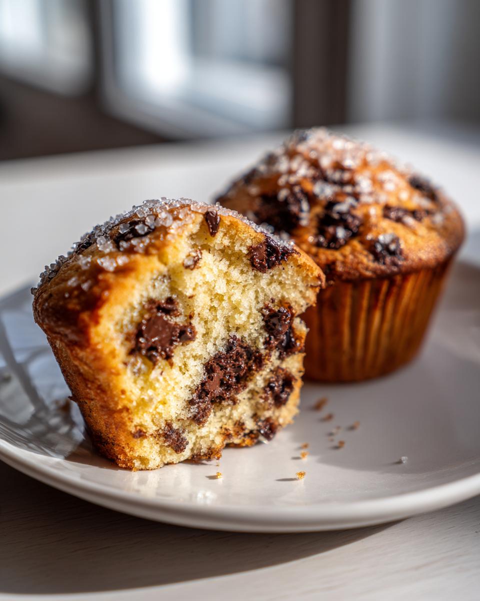 A halved chocolate chip muffin showing a moist interior packed with melted chocolate chips, next to a whole one, both topped with coarse sugar.
