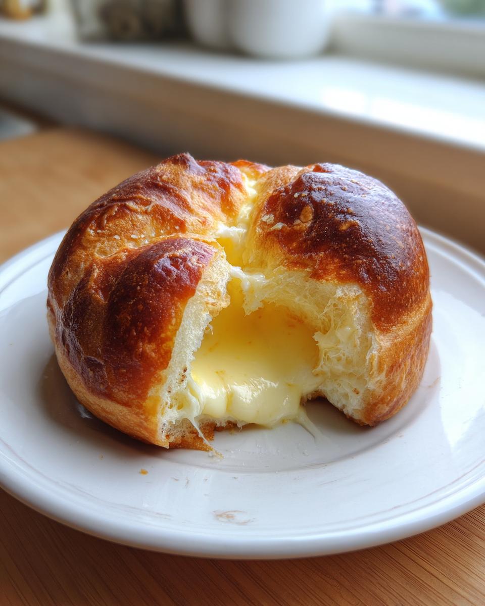 Close-up of a golden brown brioche bun torn open to reveal a rich, flowing vanilla custard filling.
