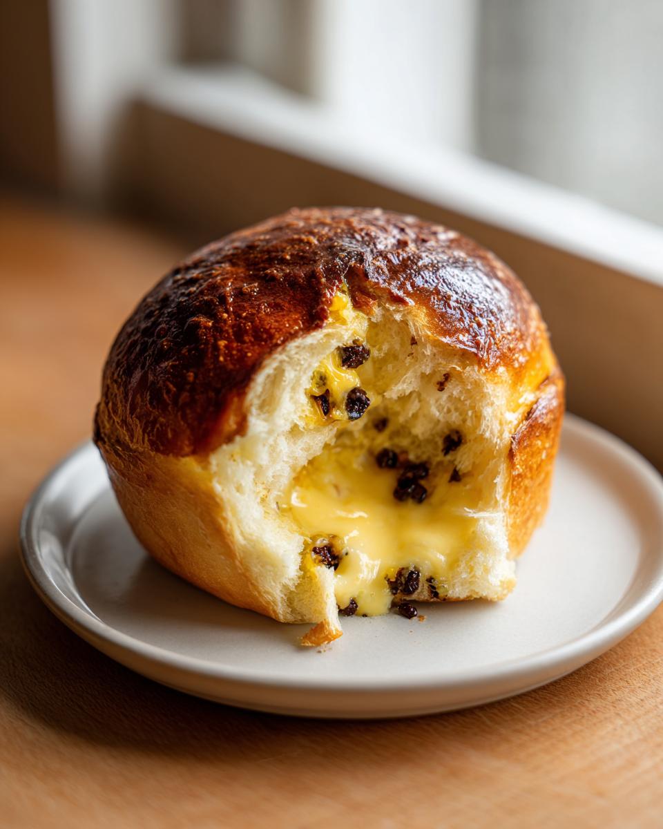 Close-up of a chocolate chip vanilla custard brioche with a bite taken out, showing the oozing vanilla custard and chocolate chips.