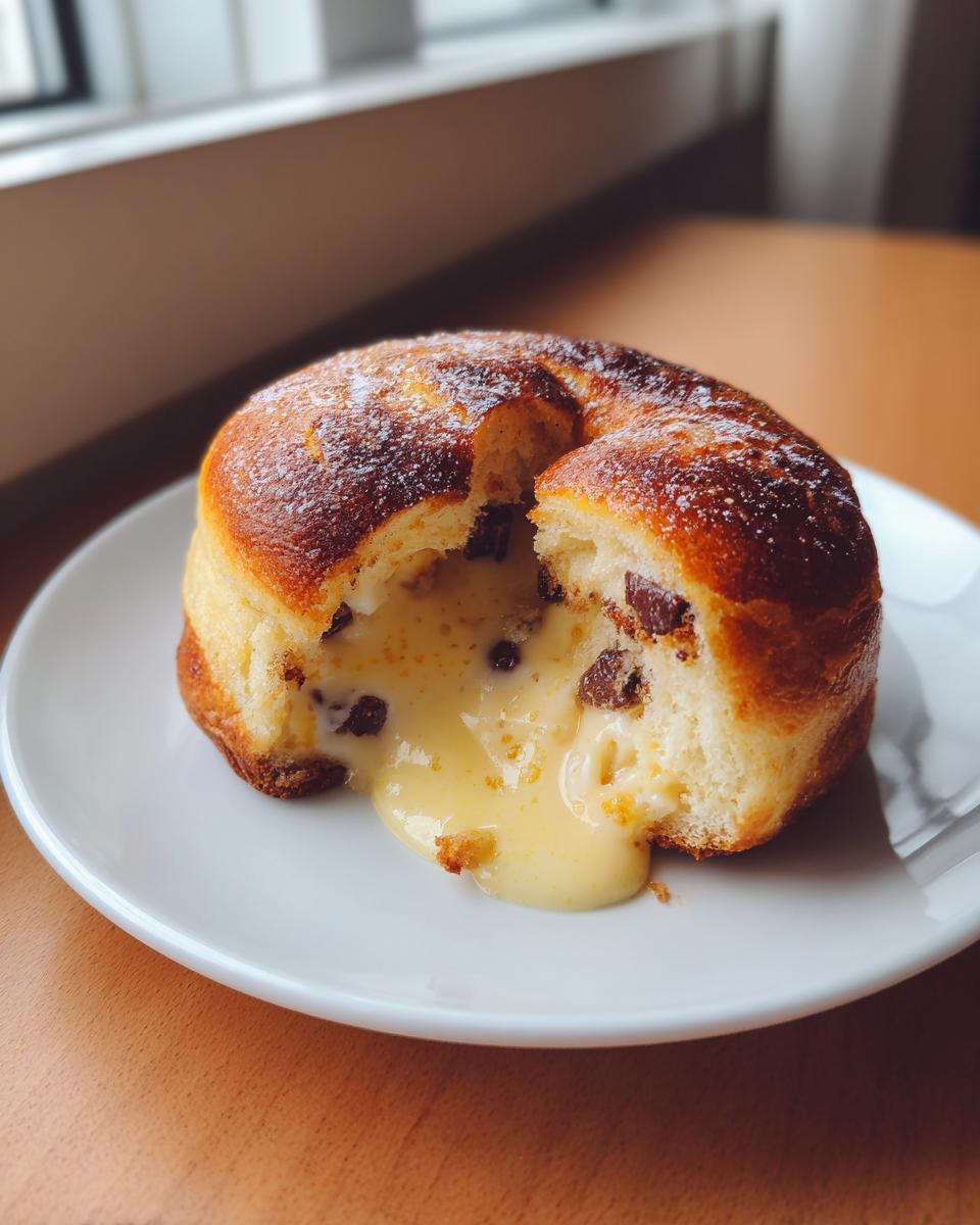 Close-up of a chocolate chip vanilla custard brioche torn open, revealing rich, flowing vanilla custard and chocolate chips.