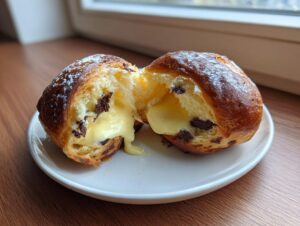 A chocolate chip vanilla custard brioche cut in half, showing rich vanilla custard oozing out.