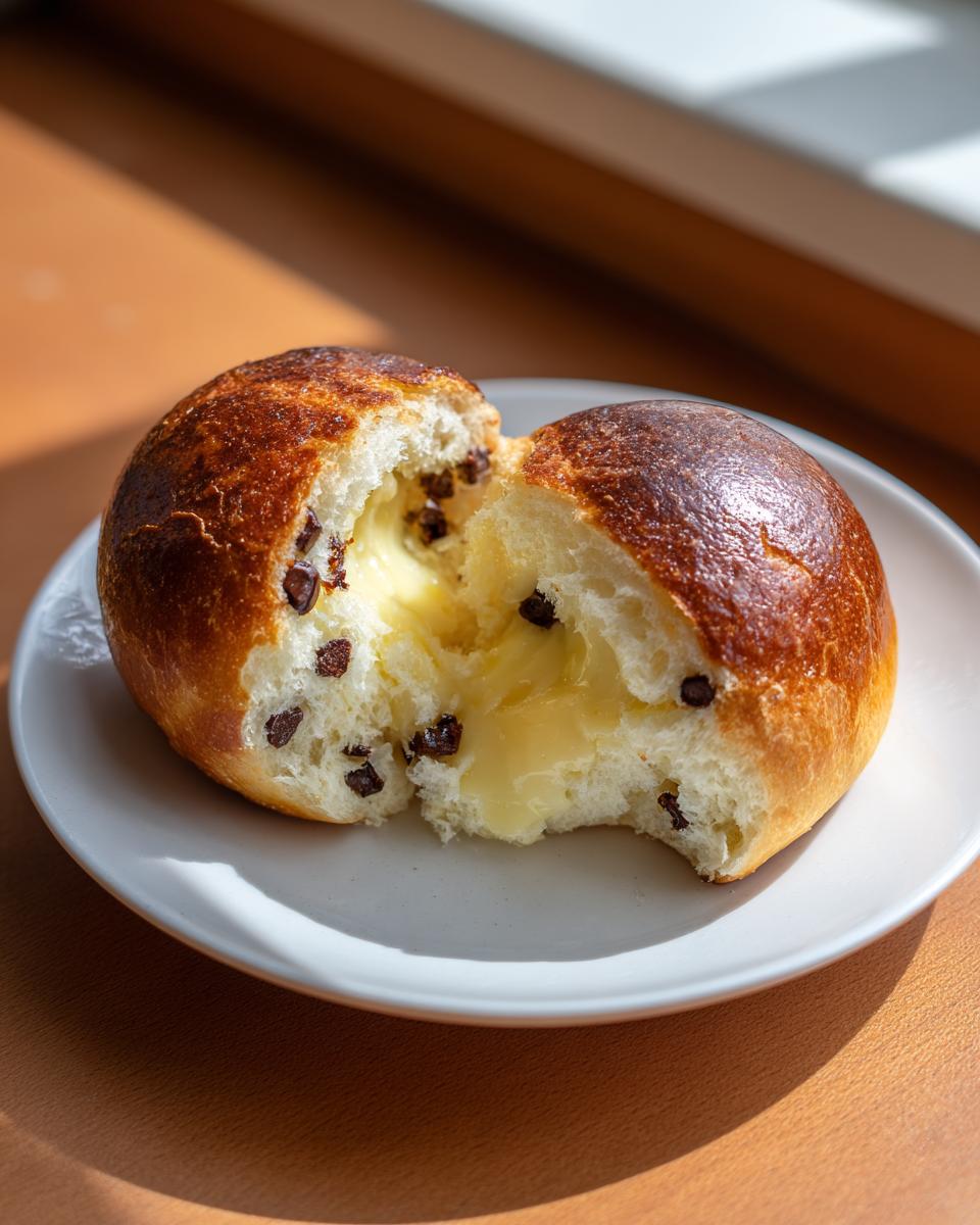 A golden-brown chocolate chip vanilla custard brioche split in half, revealing a rich, creamy vanilla custard filling.