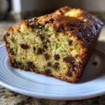 A close-up of a freshly baked chocolate chip zucchini bread loaf showing moist crumb and melted chocolate chips.
