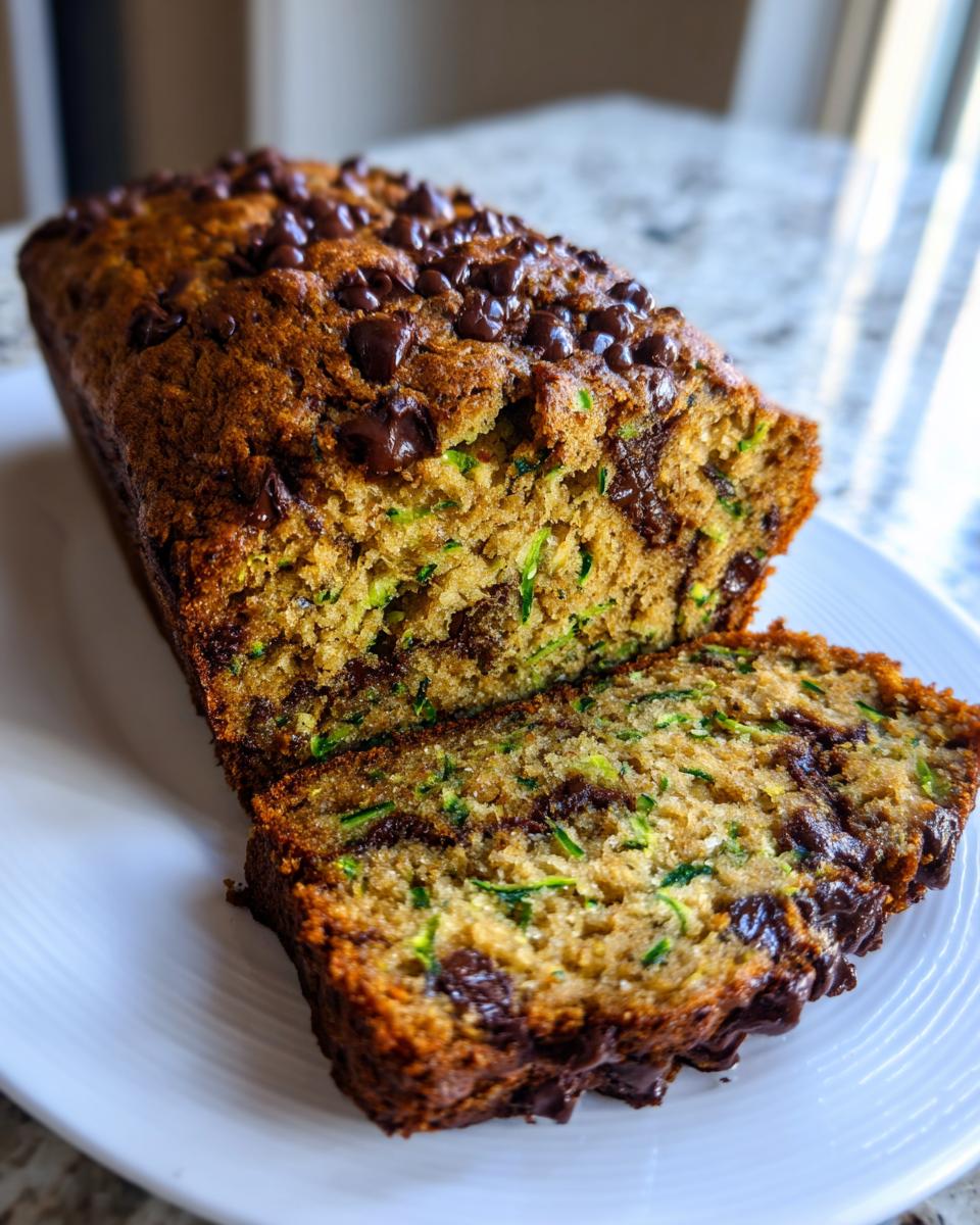 A freshly baked chocolate chip zucchini bread loaf, partially sliced, showing moist crumb and green zucchini shreds.