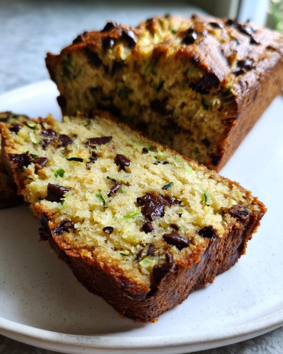 A thick slice of moist chocolate chip zucchini bread showing visible shreds of green zucchini and melted chocolate chips.