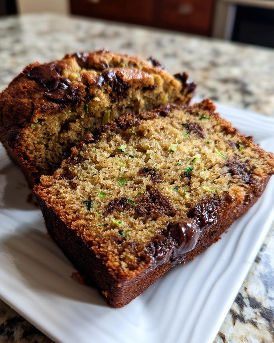 Two thick slices of moist chocolate chip zucchini bread showing green zucchini shreds and melted chocolate.