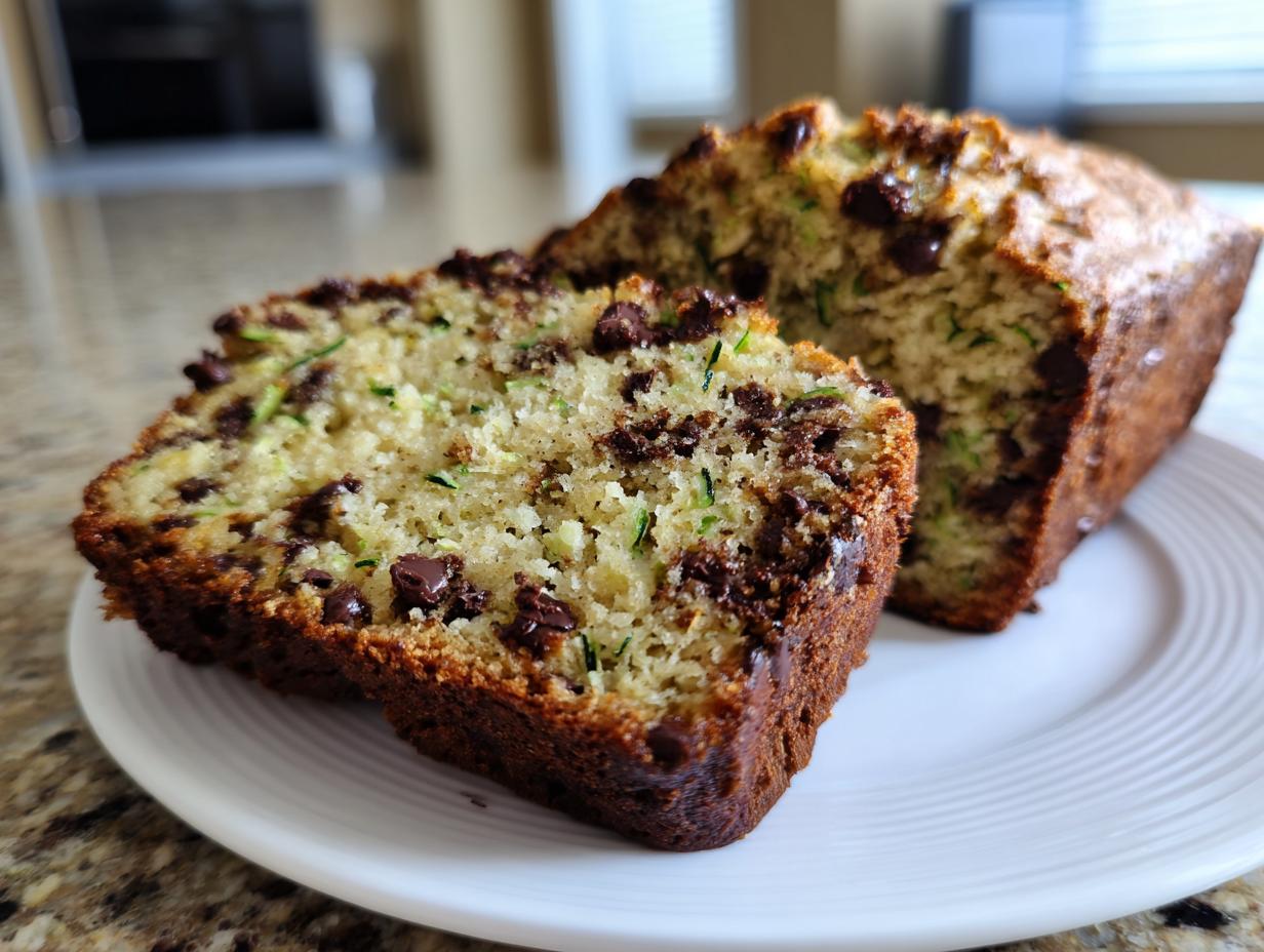 Close-up of two slices of moist chocolate chip zucchini bread showing green shreds and melted chocolate chips.