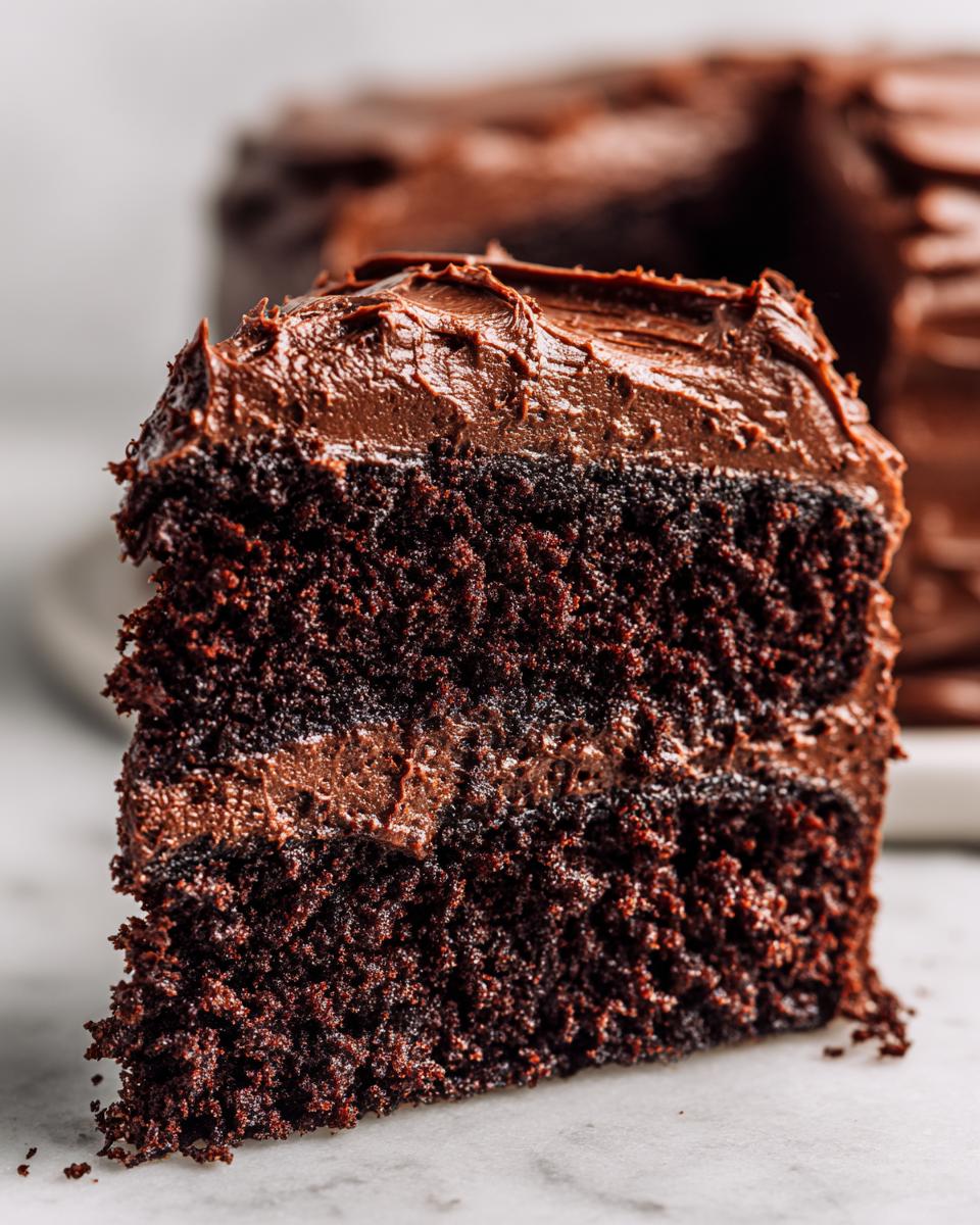 Close-up of a rich, dark chocolate cake slice generously topped with thick chocolate ganache frosting.