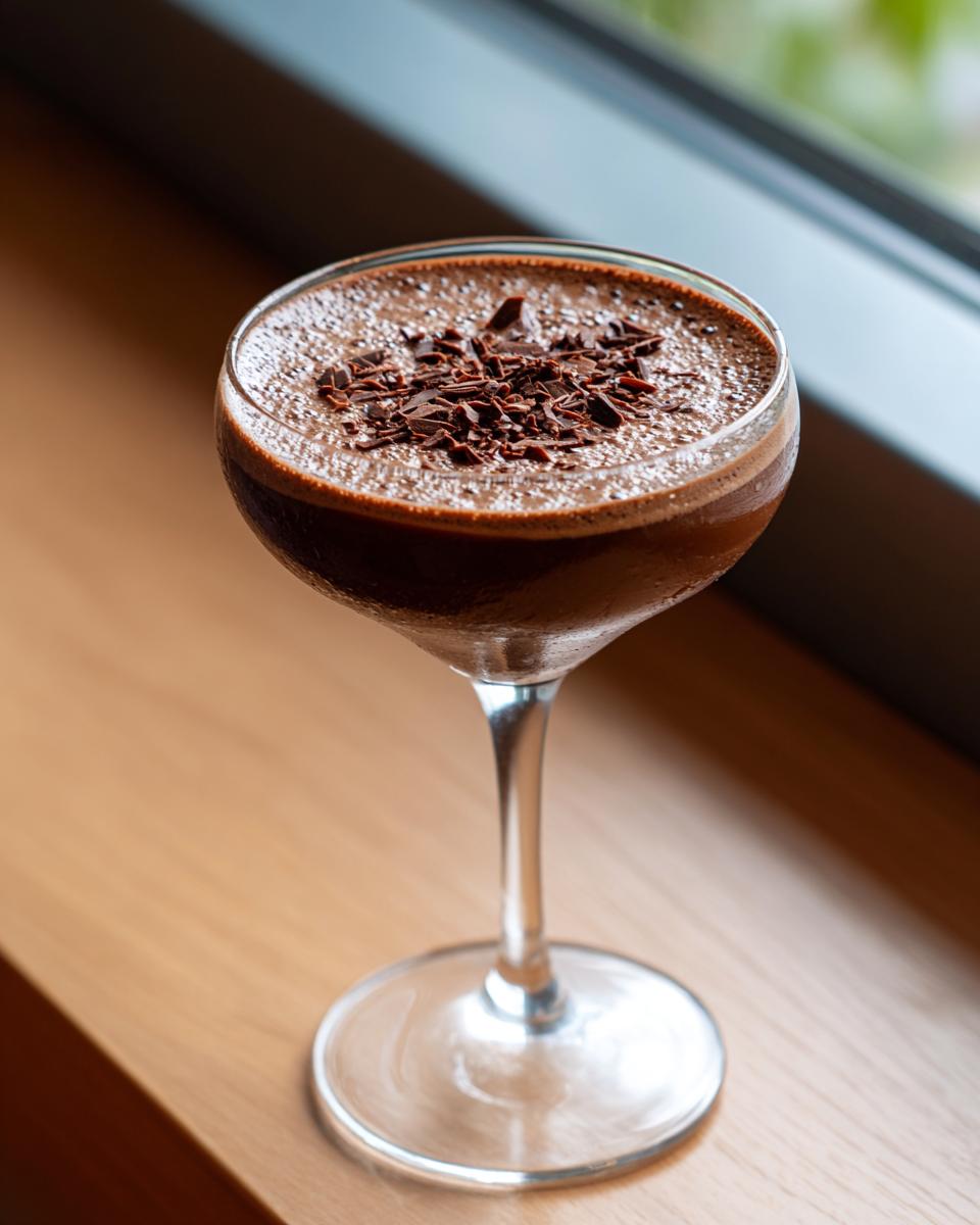 A creamy chocolate martini in a coupe glass, garnished with dark chocolate shavings.
