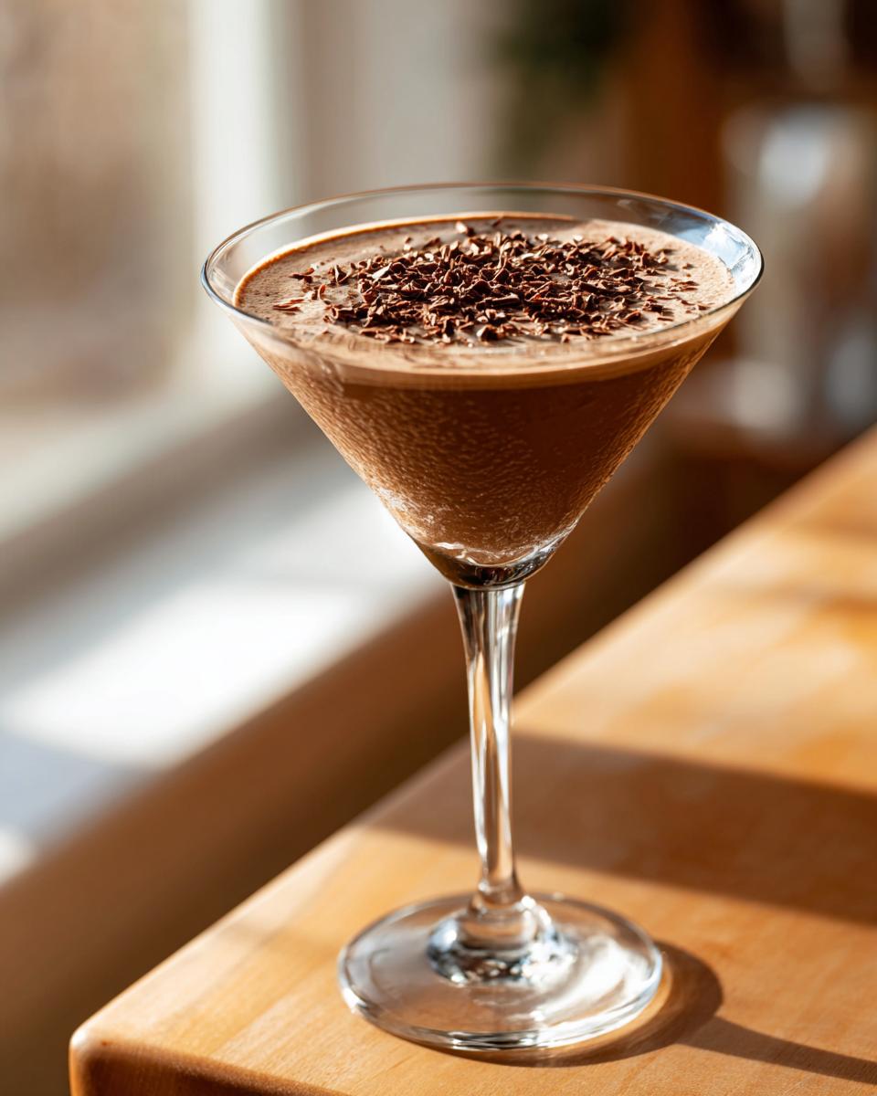 A creamy, brown chocolate martini in a stemmed glass, topped with dark chocolate shavings.