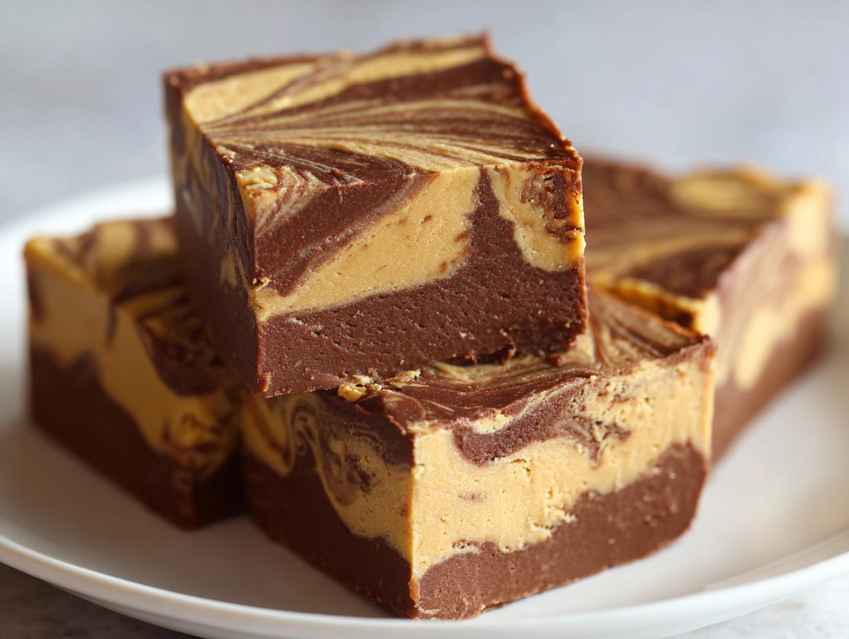 Three thick squares of marbled chocolate peanut butter fudge stacked on a white plate.