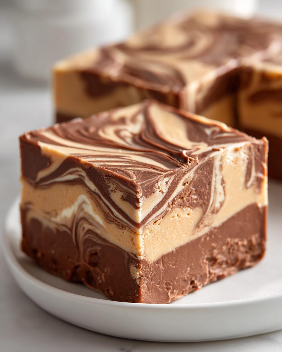 A thick square of marbled chocolate peanut butter fudge with distinct layers and swirls on a white plate.