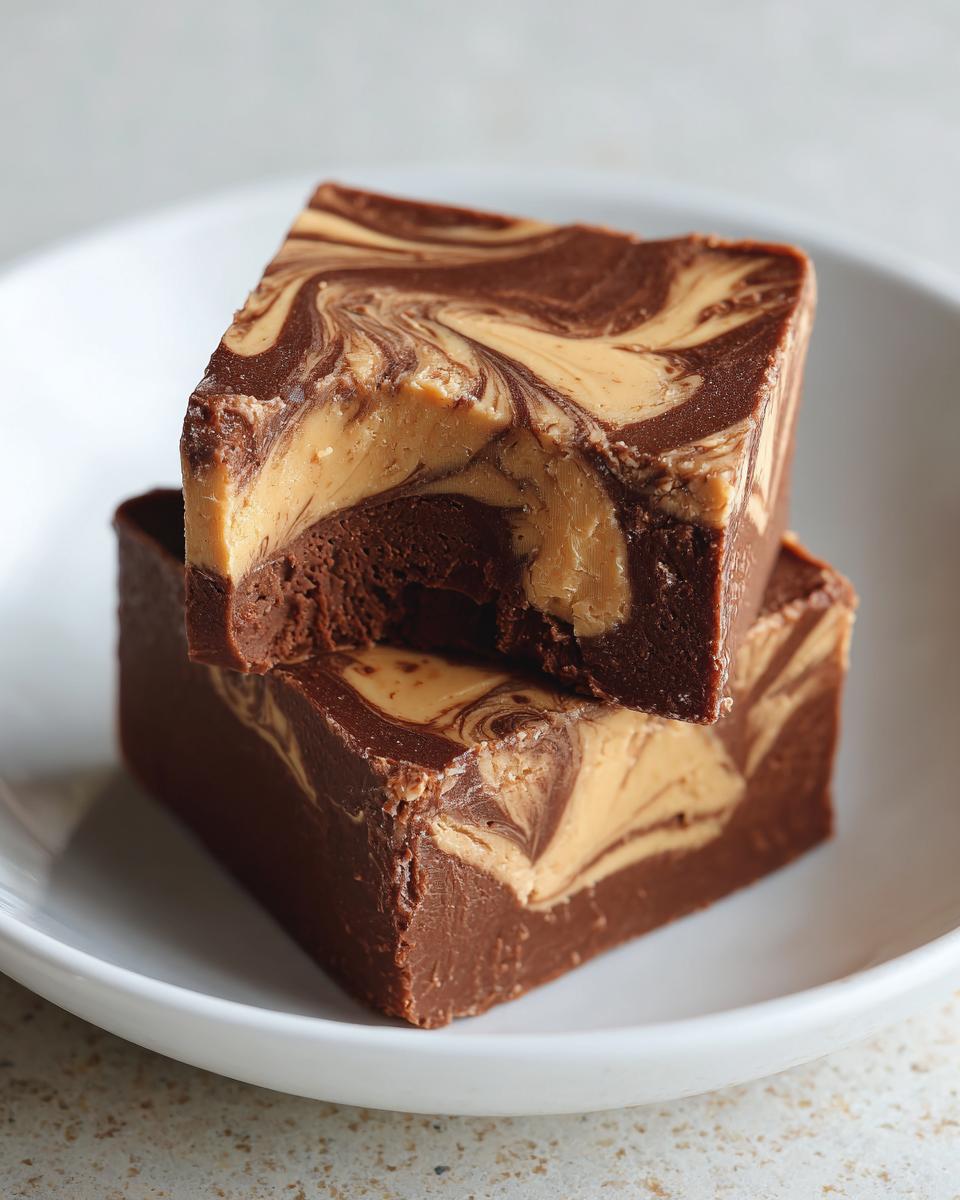 Two stacked squares of rich chocolate peanut butter fudge with a beautiful peanut butter swirl on top.