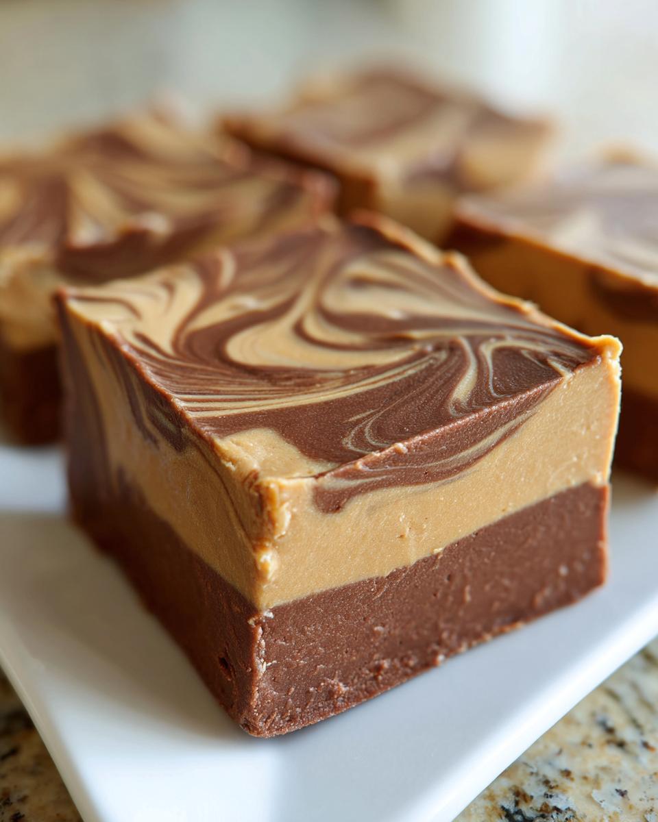 A thick square of chocolate peanut butter fudge featuring a marbled swirl top layer.
