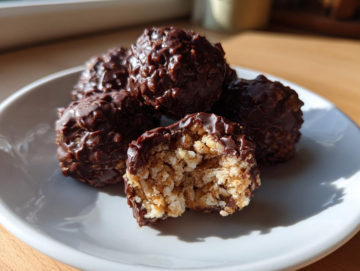 A stack of chocolate rice krispie balls, one cut open to show the crispy interior.