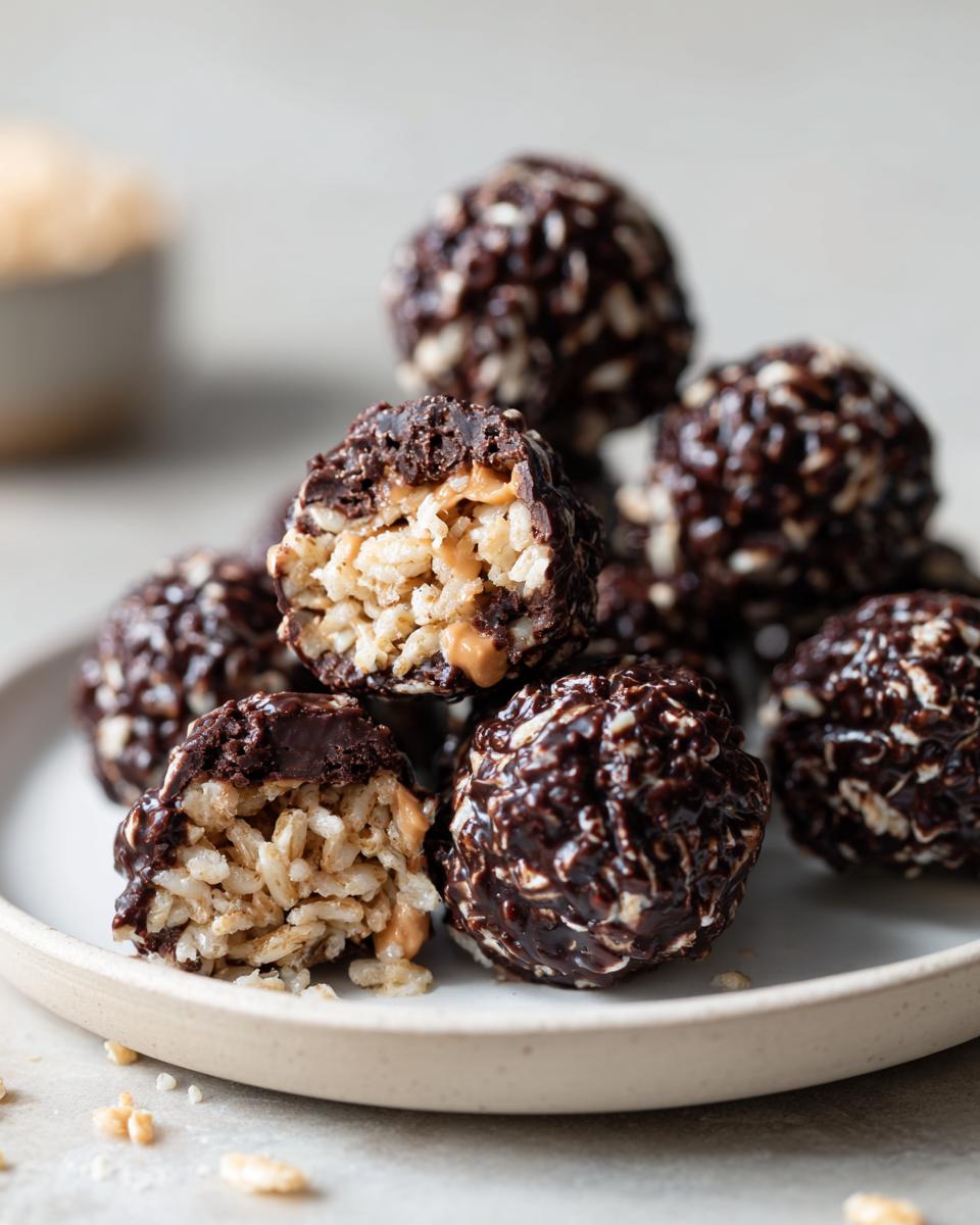 A stack of chocolate rice krispie balls, one cut open revealing a peanut butter center.