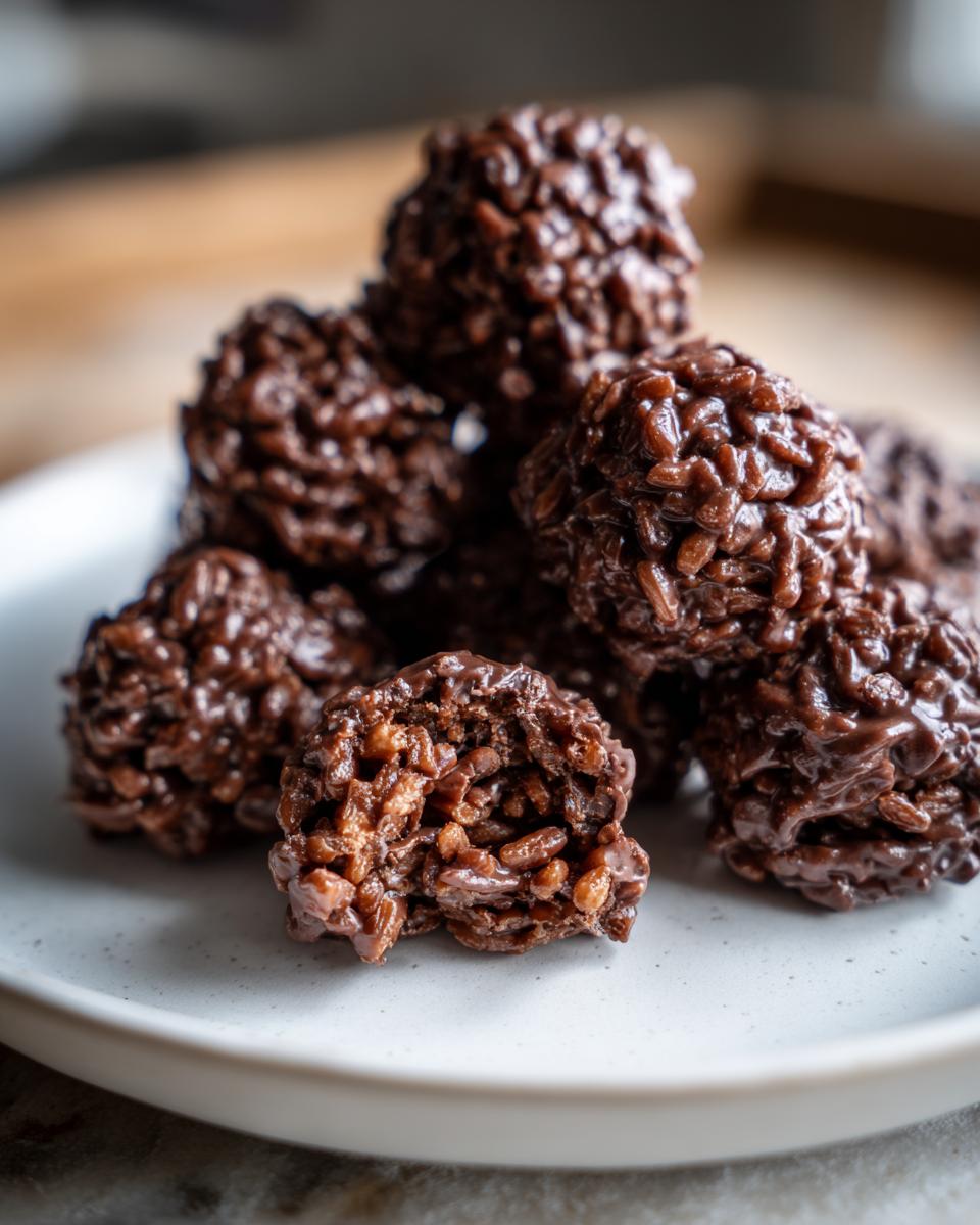 A pile of glossy chocolate rice krispie balls, with one broken open showing the crispy texture inside.