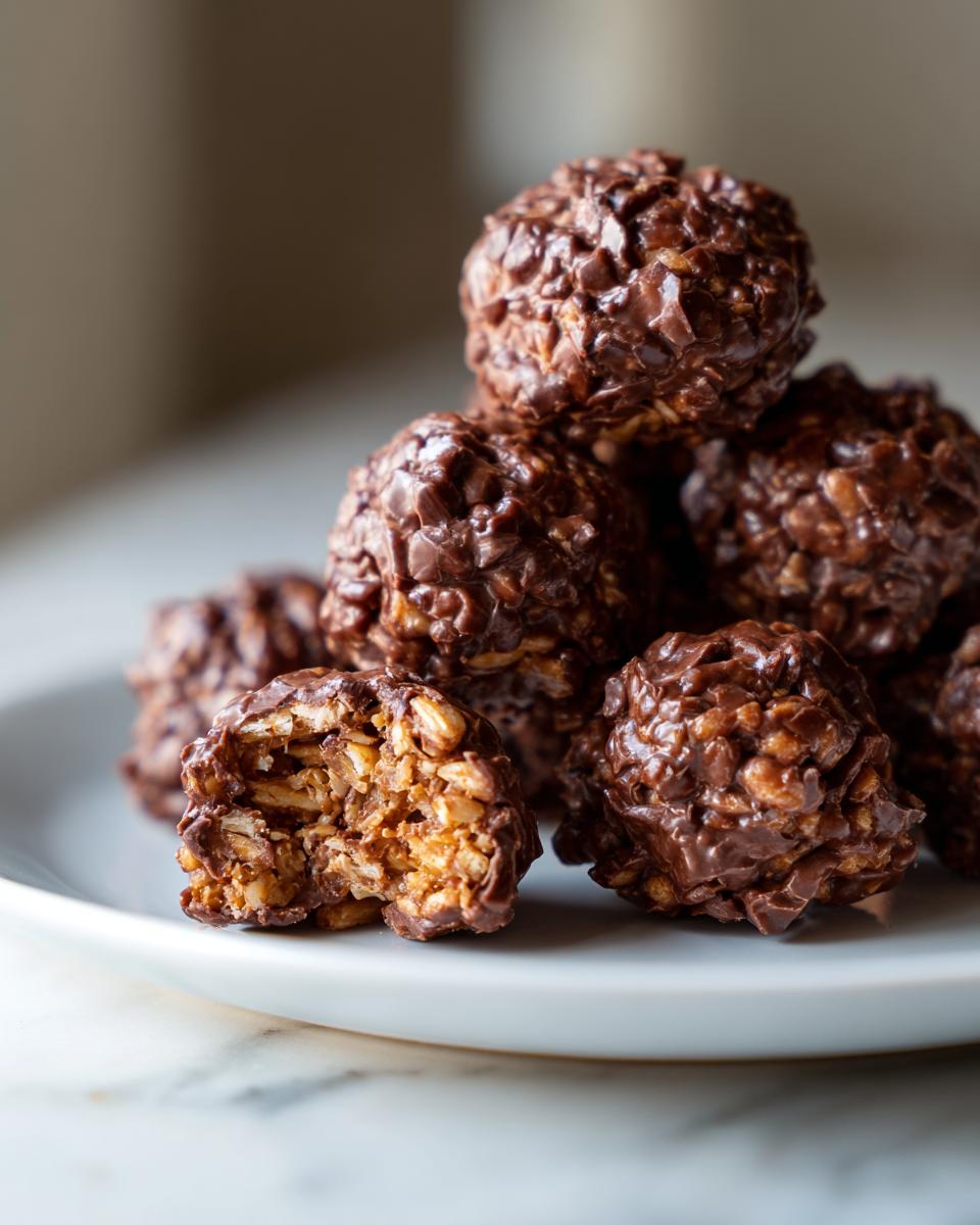 A stack of rich, chocolate-coated chocolate rice krispie balls, with one partially eaten showing the crispy interior.
