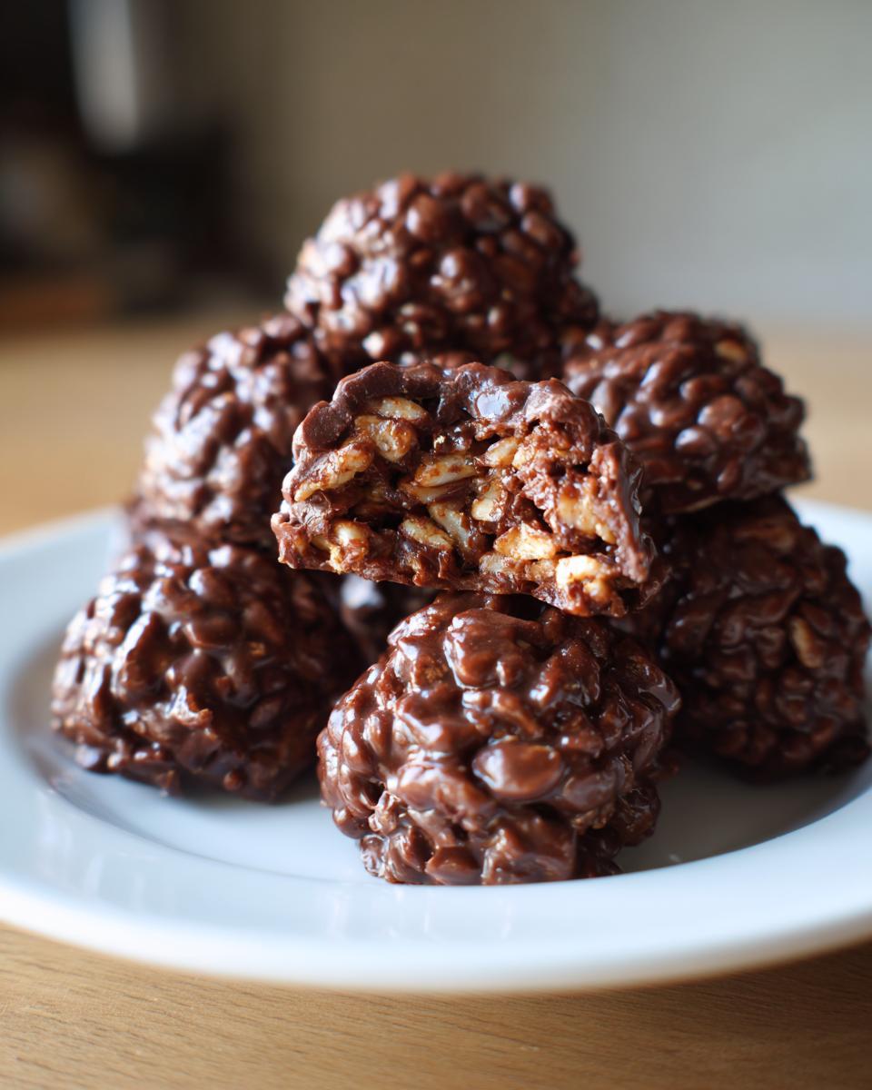 A stack of glossy chocolate rice krispie balls, one cut open showing the crispy texture inside.