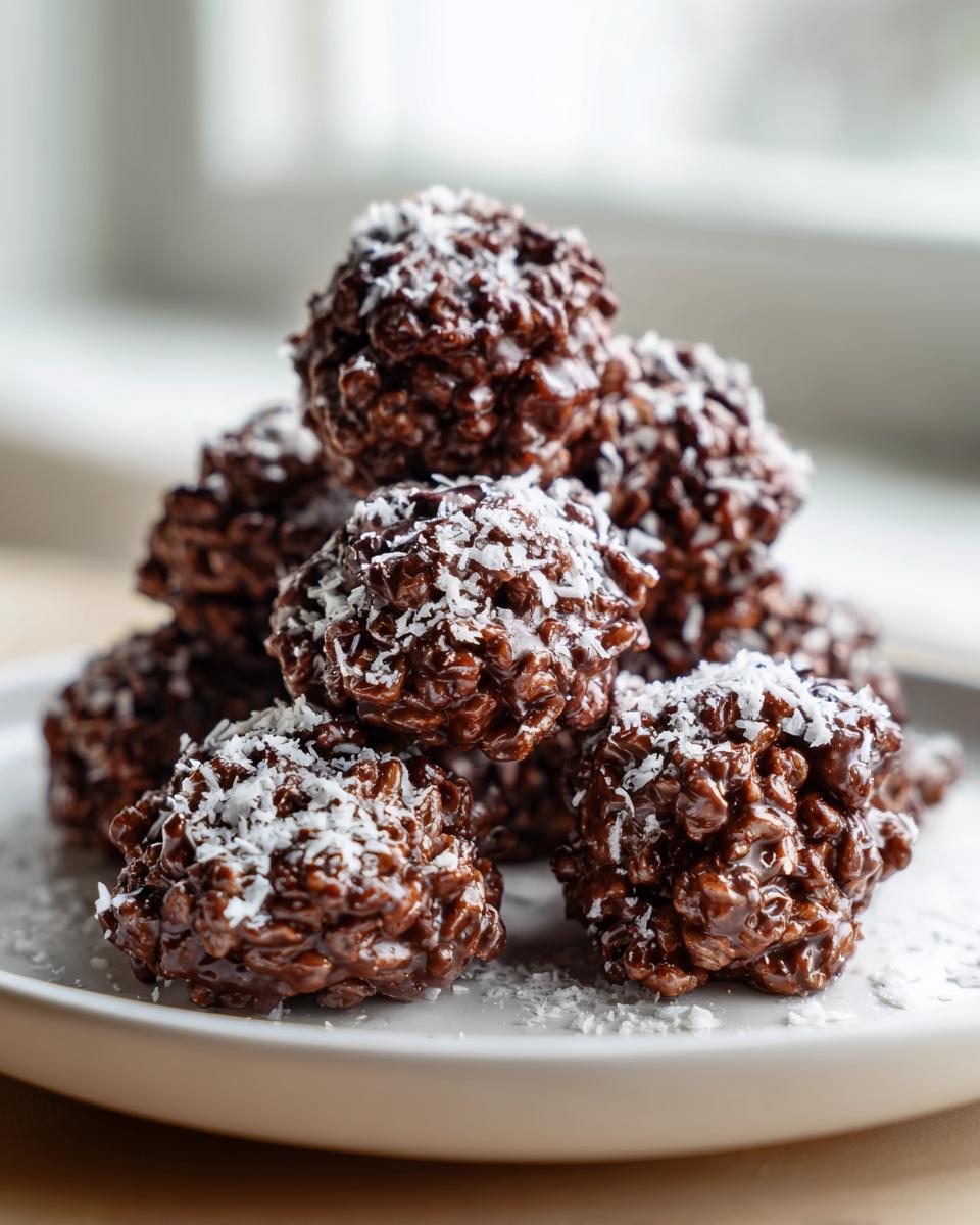 A stack of glossy chocolate rice krispie balls generously topped with shredded coconut.