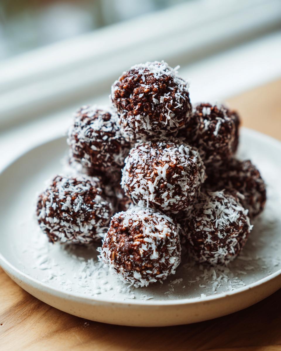 A stack of chocolate rice krispie balls with coconut flakes piled high on a light plate.